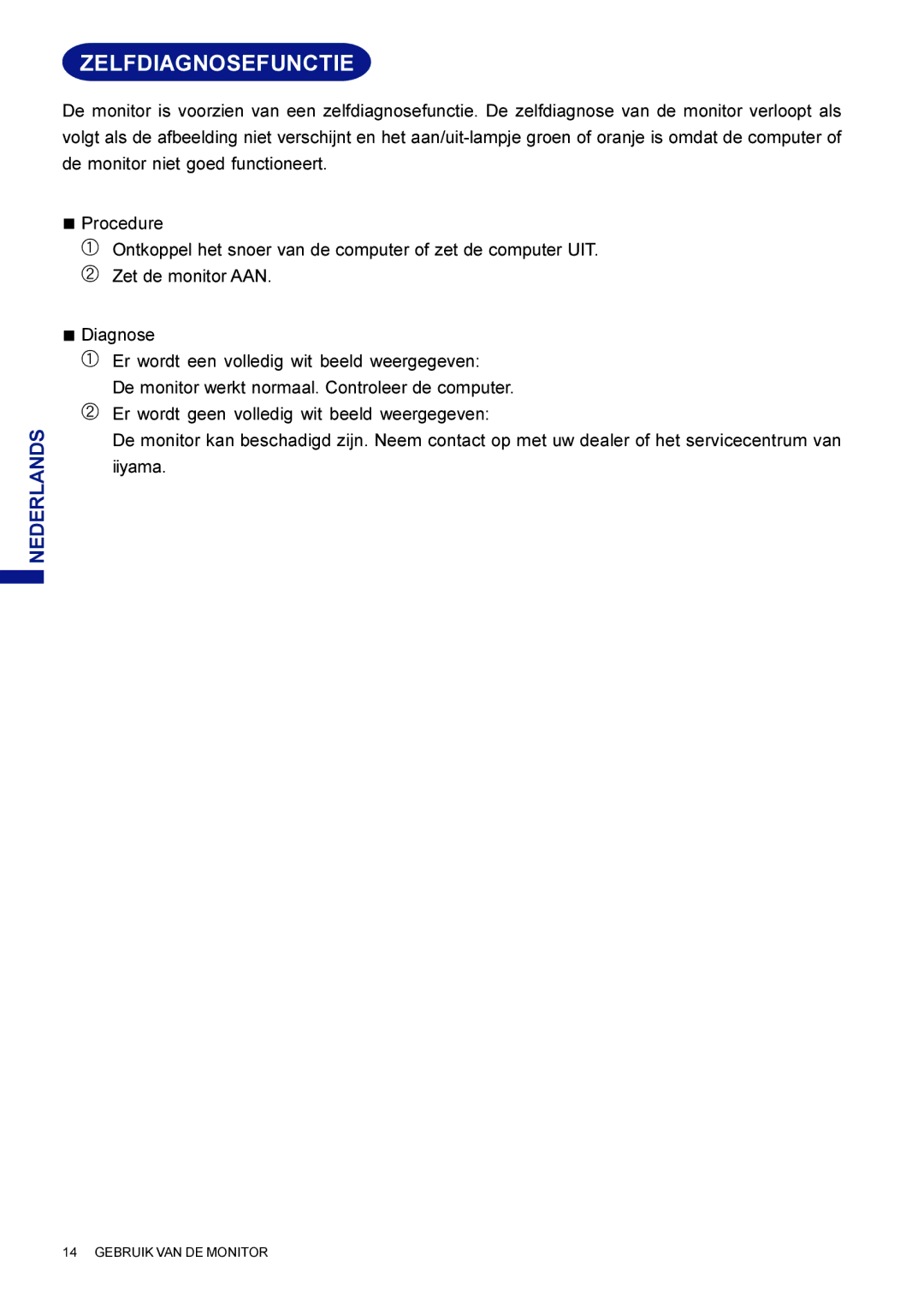 Iiyama HM703UT, HF703UT user manual Zelfdiagnosefunctie 