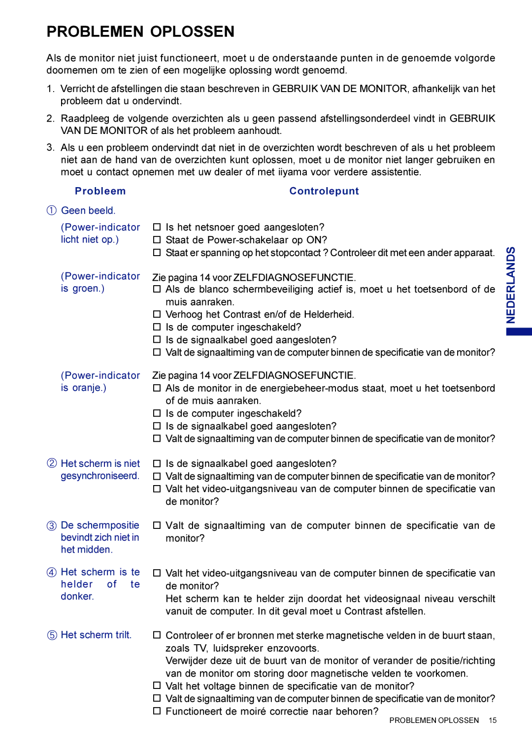 Iiyama HF703UT, HM703UT user manual Problemen Oplossen, Power-indicator, Is oranje 