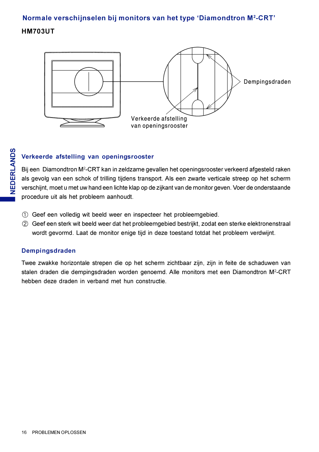 Iiyama HM703UT, HF703UT user manual Verkeerde afstelling van openingsrooster, Dempingsdraden 