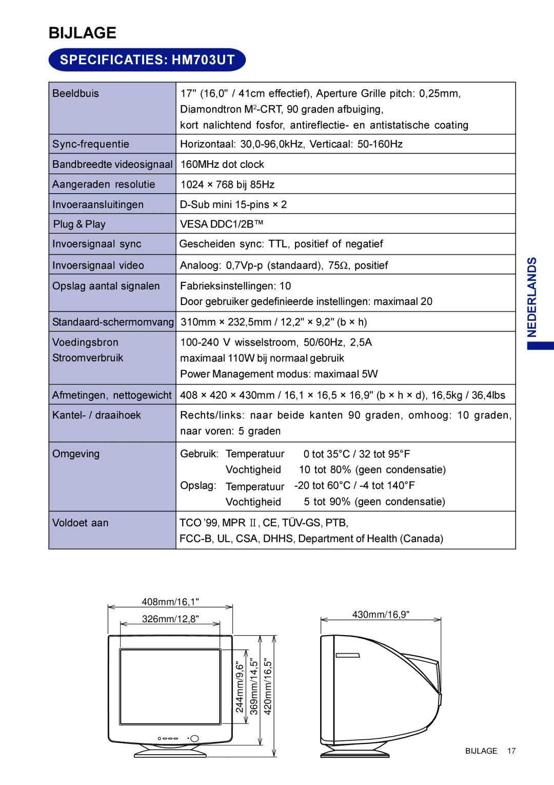 Iiyama HF703UT user manual Bijlage, Specificaties HM703UT 