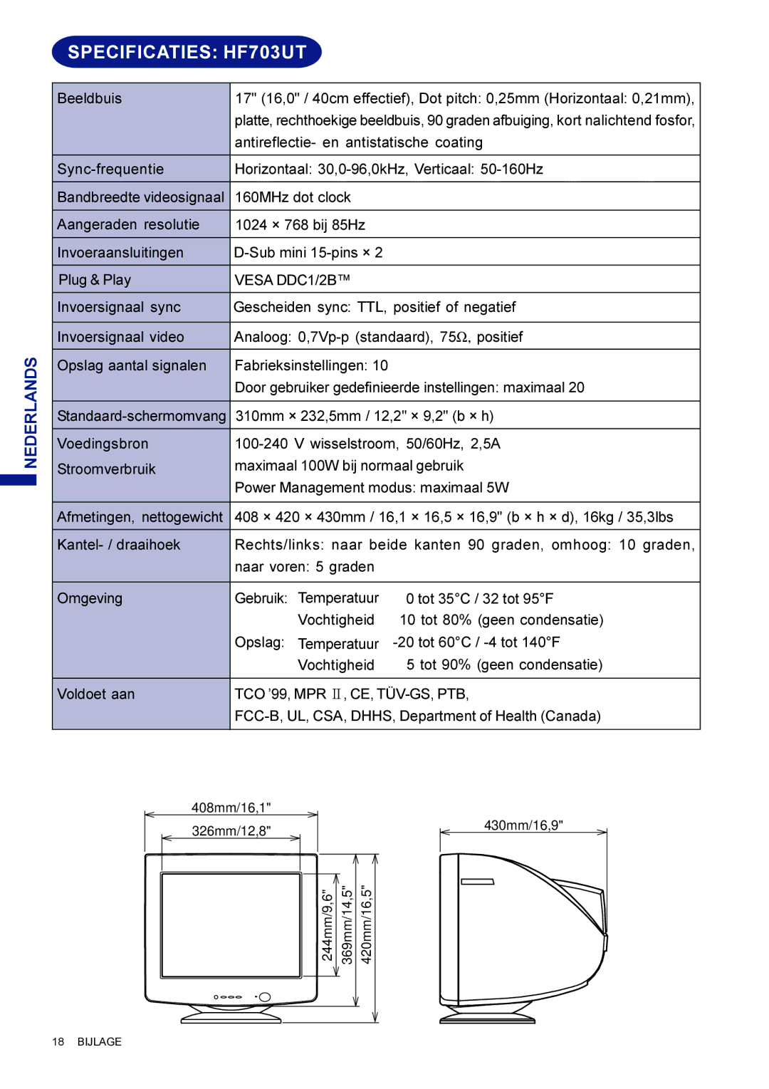 Iiyama HM703UT user manual Specificaties HF703UT 