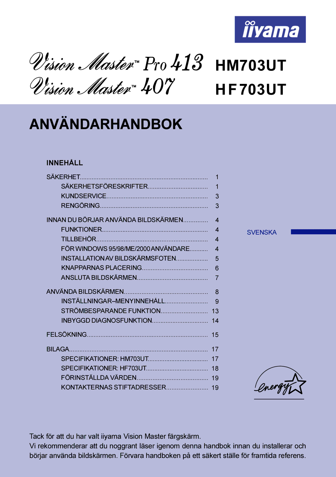 Iiyama HM703UT, HF703UT user manual Användarhandbok 