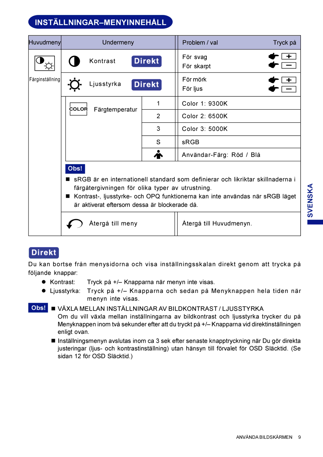 Iiyama HM703UT, HF703UT user manual Inställningar-Menyinnehåll 