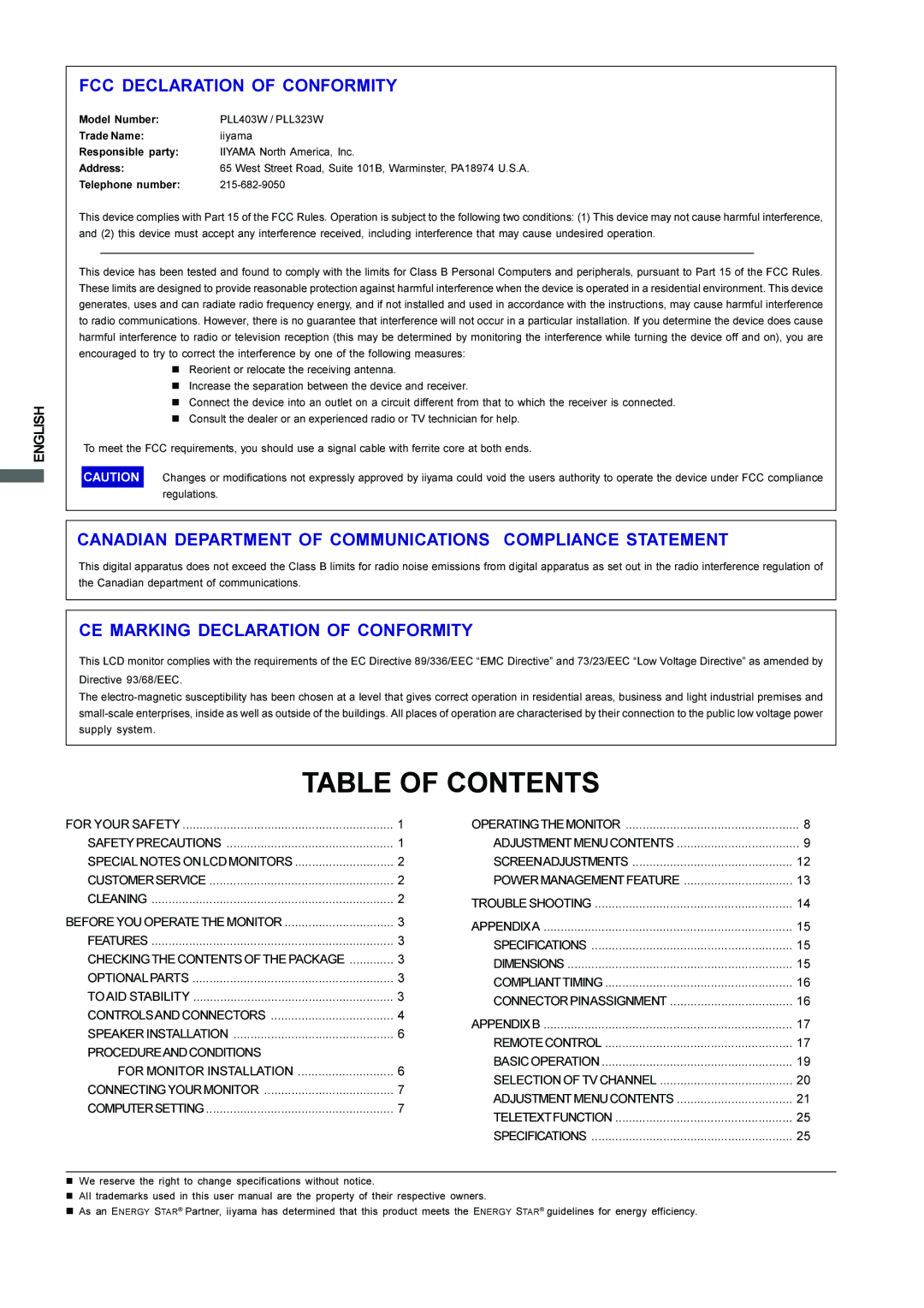 Iiyama L403W, L323W user manual Table of Contents 