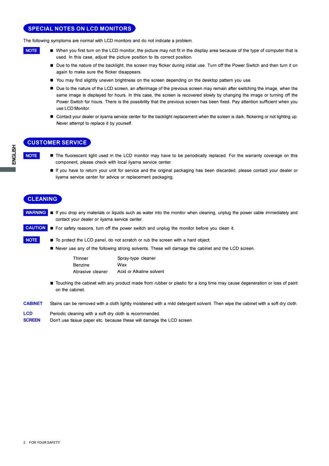 Iiyama L403W, L323W user manual Special Notes on LCD Monitors, Customer Service, Cleaning 