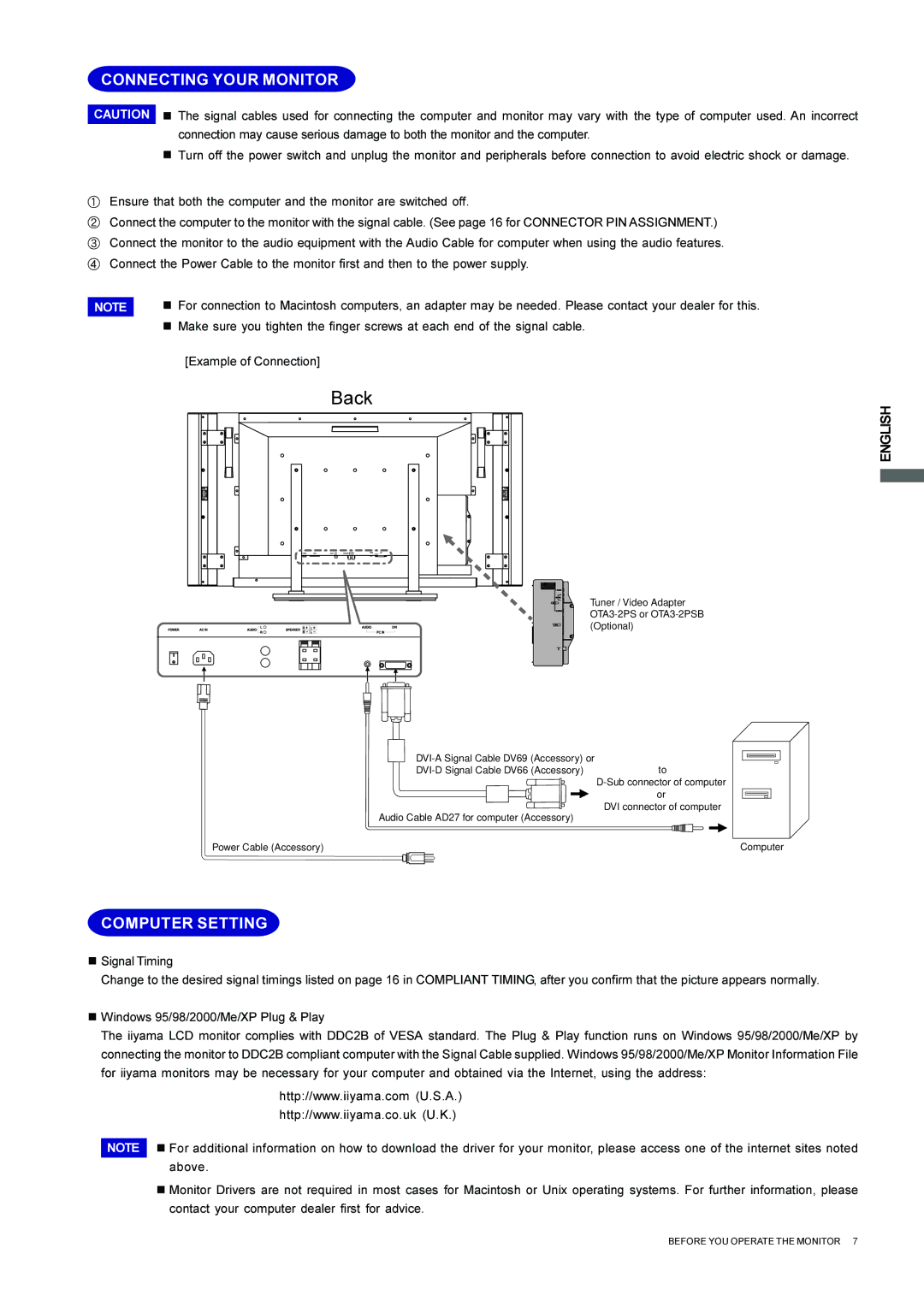 Iiyama L323W, L403W user manual Connecting Your Monitor, Computer Setting, English 