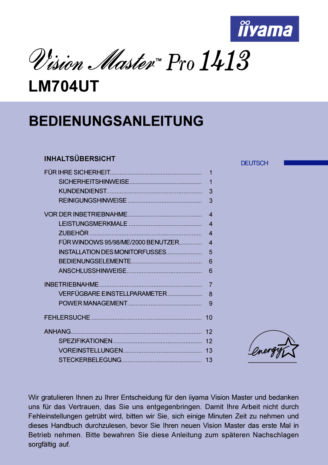 Iiyama LM704UT user manual Bedienungsanleitung, Spezifikationen Voreinstellungen Steckerbelegung 