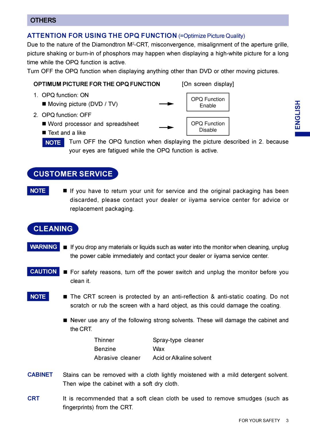 Iiyama LM704UT user manual Customer Service, Cleaning, Optimum Picture for the OPQ Function 