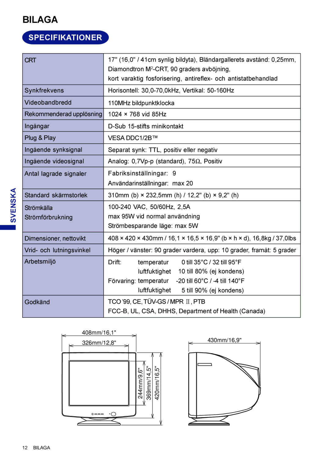 Iiyama LM704UT user manual Bilaga, Specifikationer 