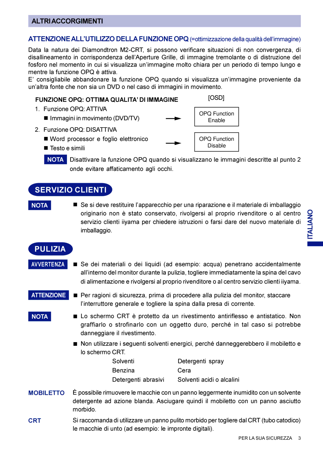 Iiyama LM704UT user manual Servizio Clienti, Pulizia, Avvertenza Attenzione Nota 