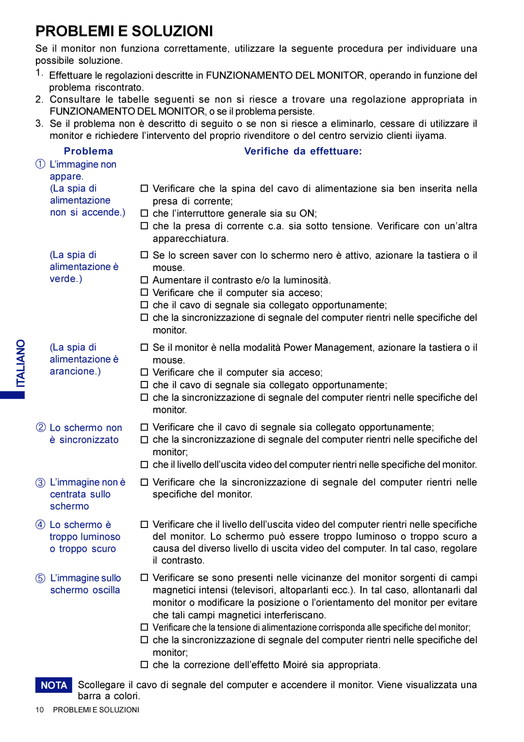 Iiyama LM704UT user manual Problemi E Soluzioni, La spia di alimentazione è verde, Lo schermo è 