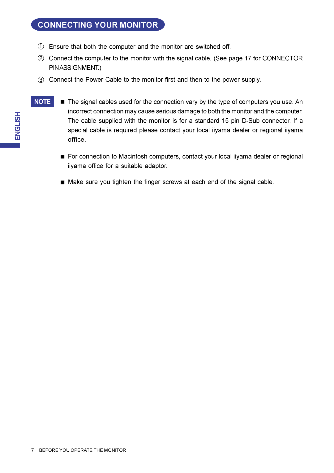 Iiyama MA203DT D user manual Connecting Your Monitor 