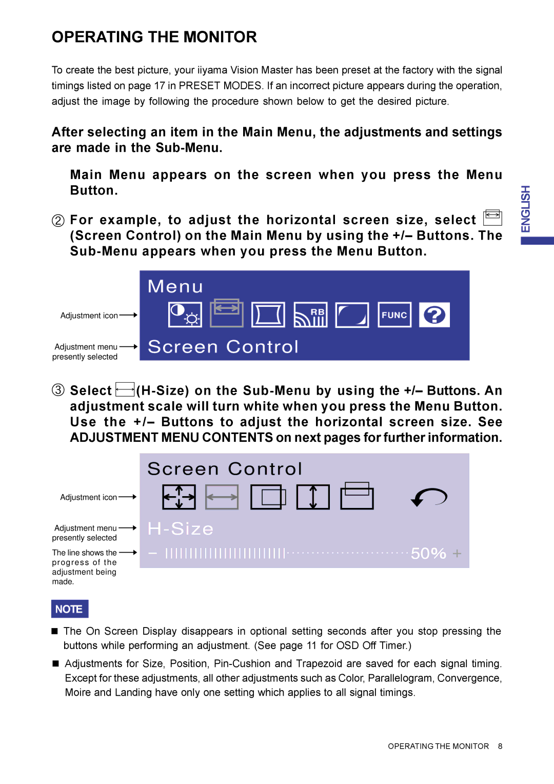 Iiyama MA203DT D user manual Menu Screen Control, Operating the Monitor 