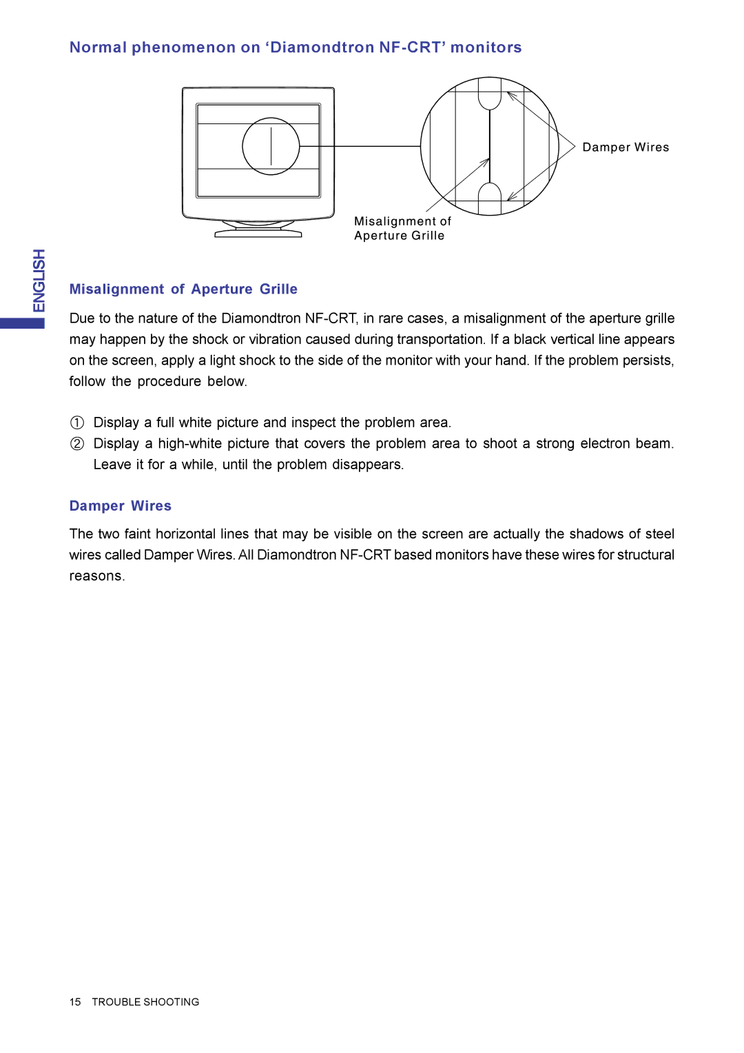 Iiyama MA203DT D user manual Normal phenomenon on ‘Diamondtron NF-CRT’ monitors 