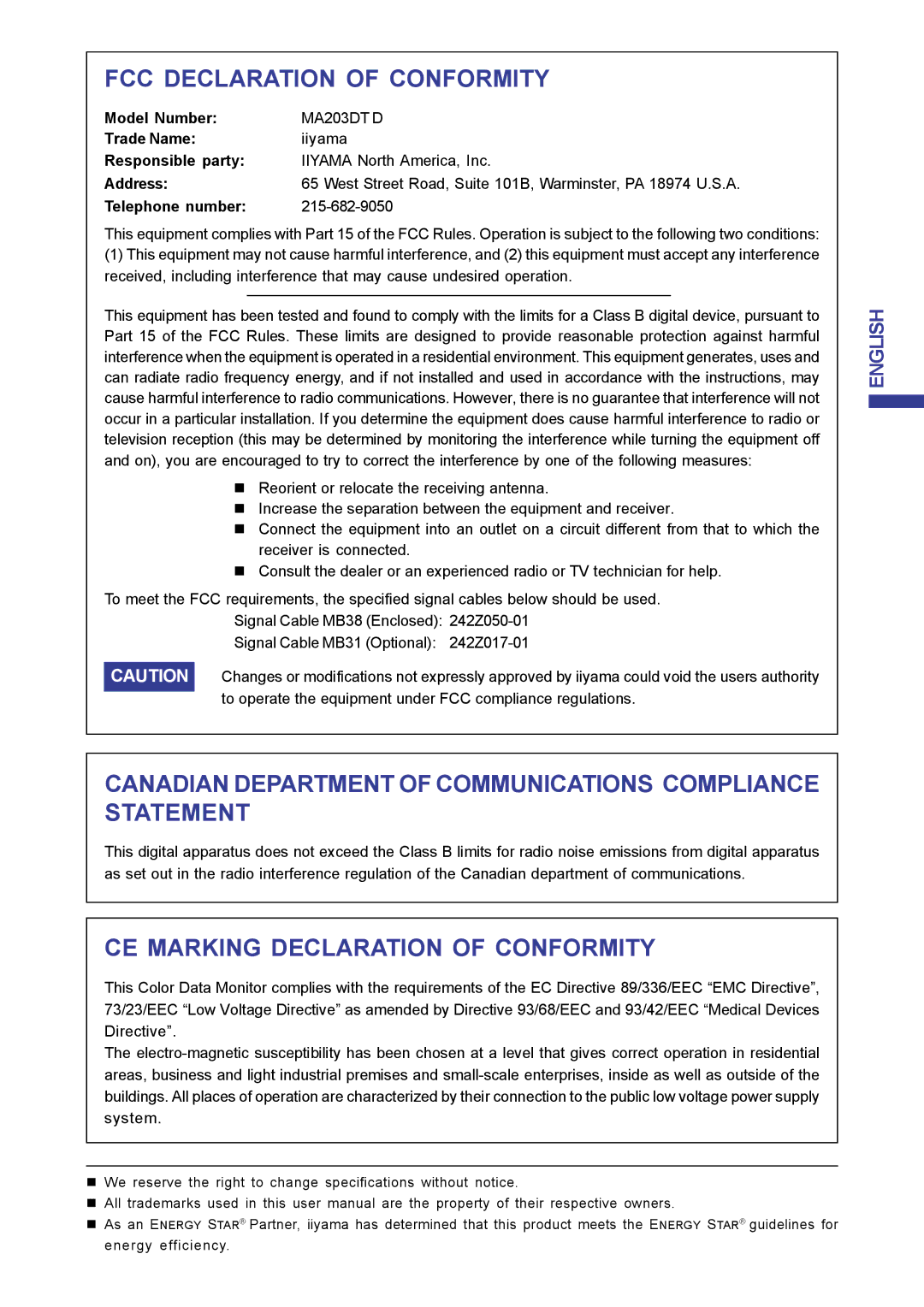 Iiyama MA203DT D user manual FCC Declaration of Conformity 