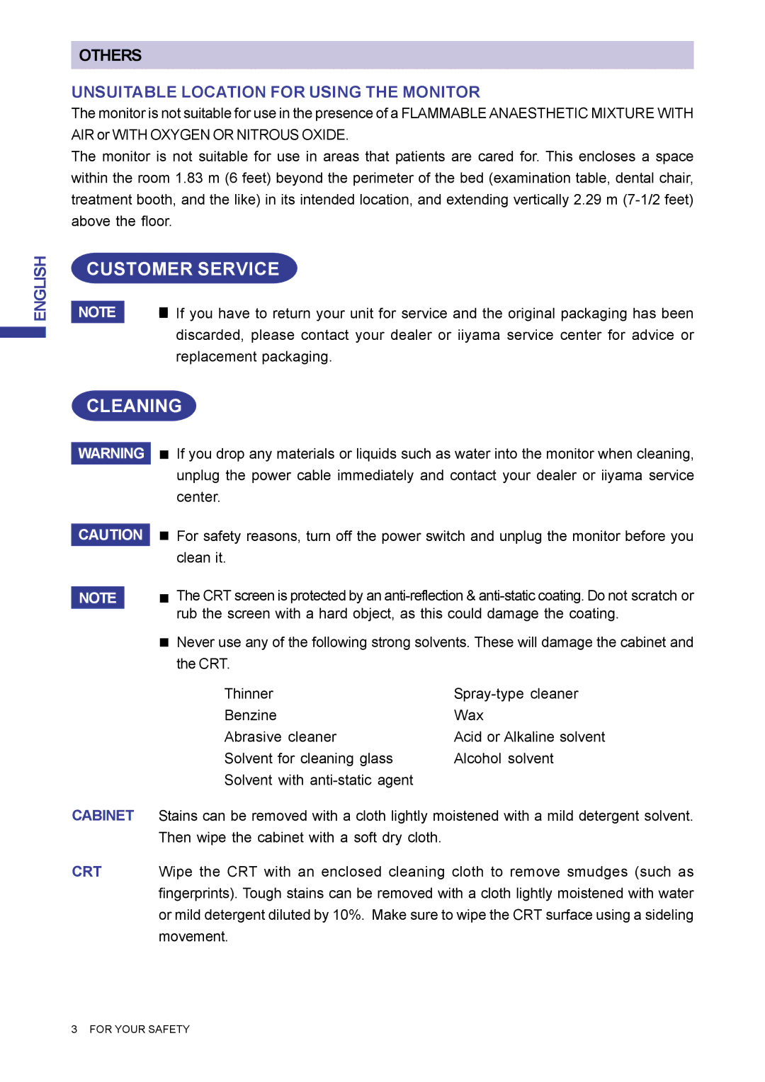 Iiyama MA203DT D user manual Customer Service, Cleaning 