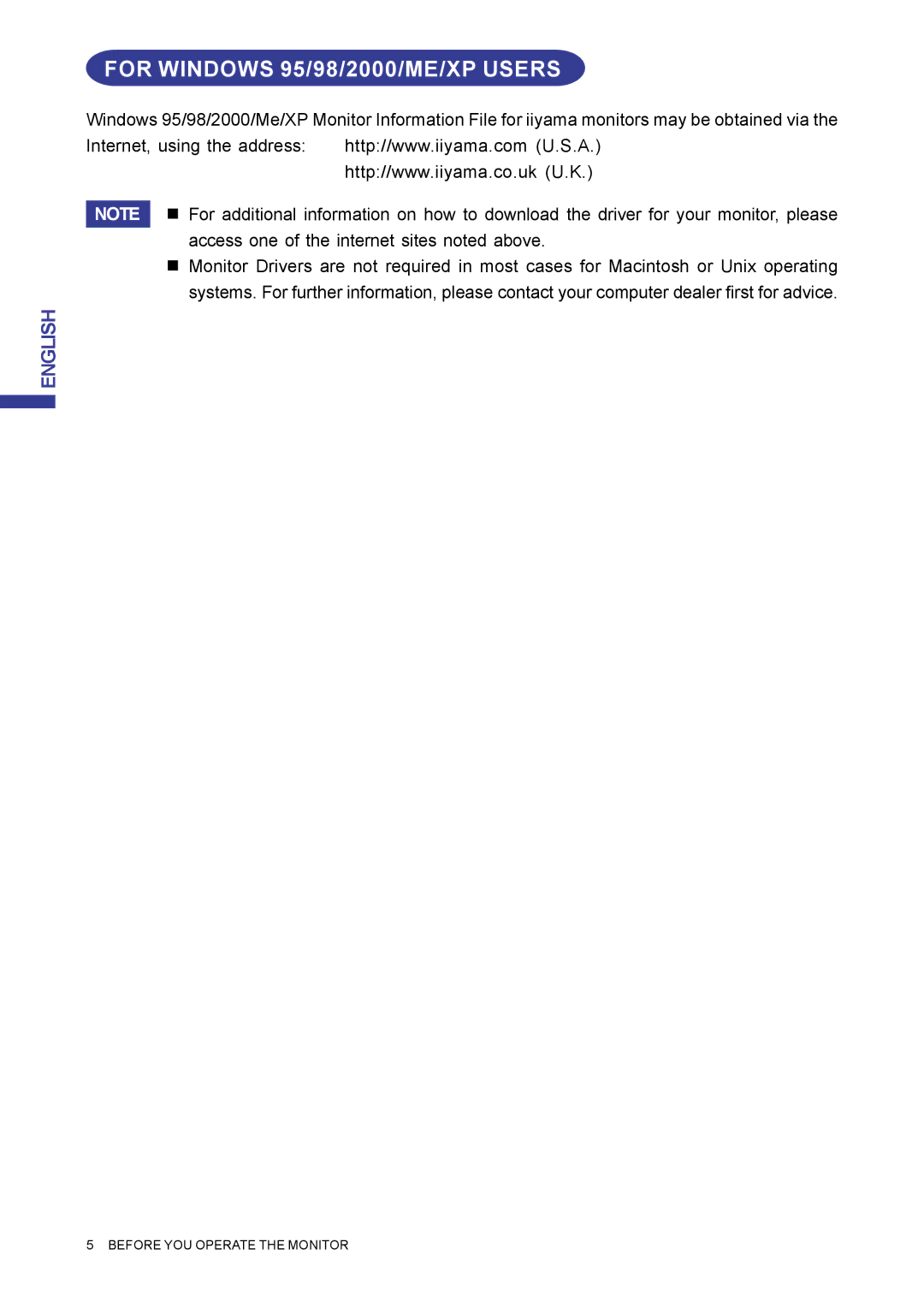 Iiyama MA203DT D user manual For Windows 95/98/2000/ME/XP Users 