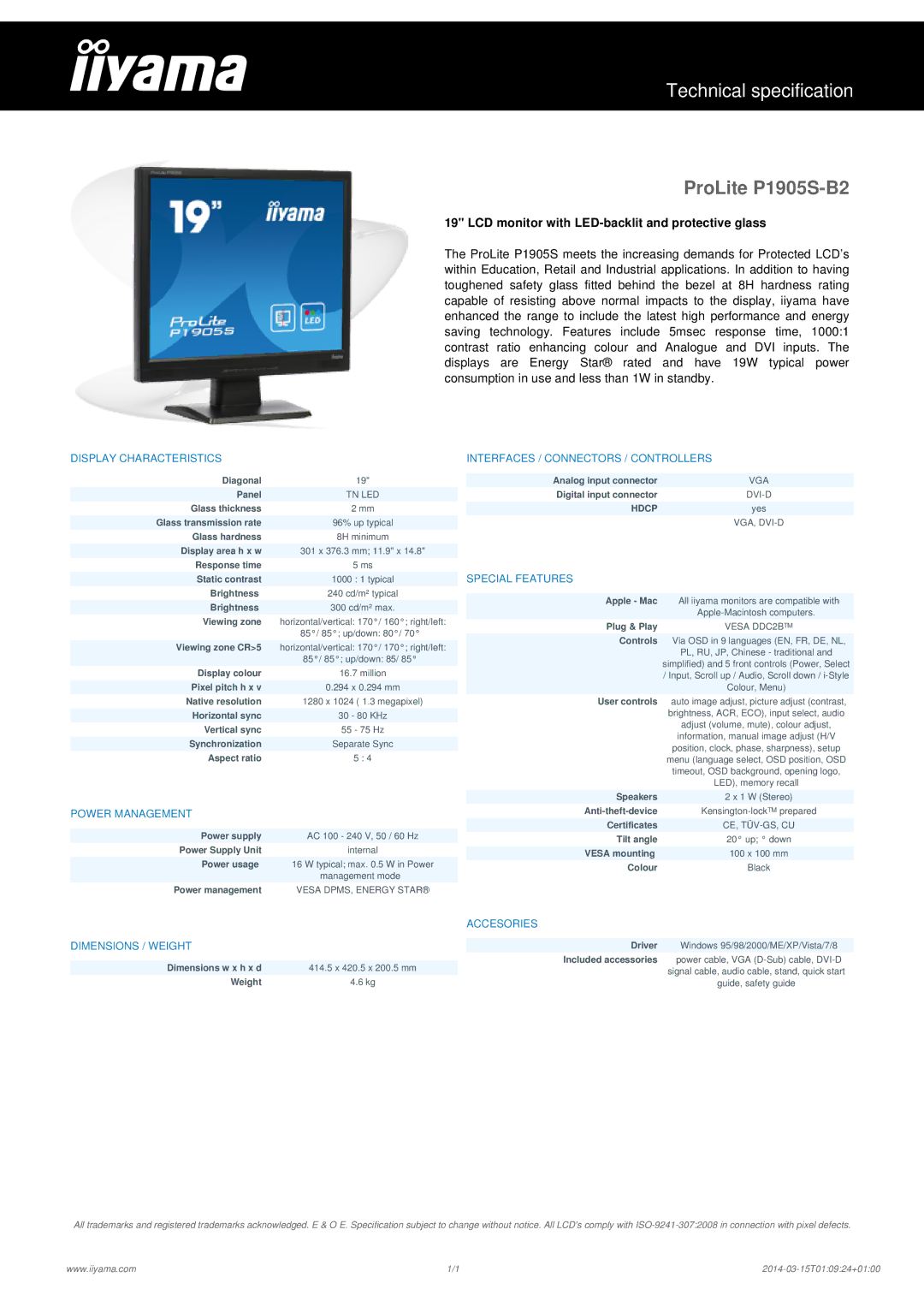 Iiyama dimensions ProLite P1905S-B2, LCD monitor with LED-backlit and protective glass 