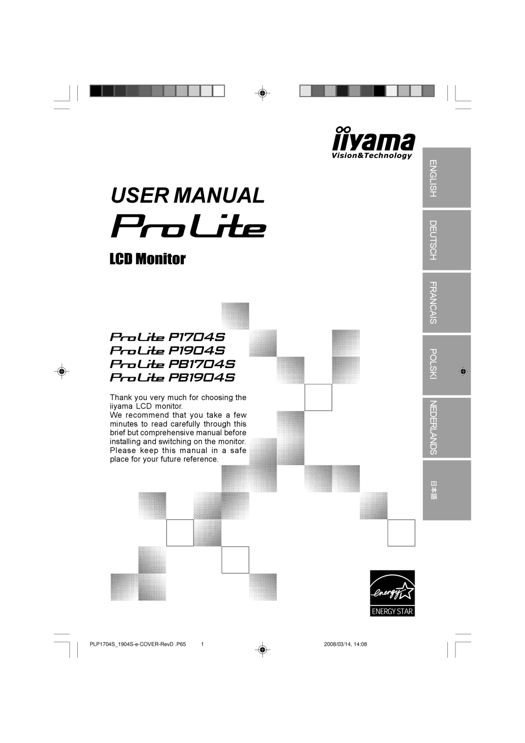 Iiyama PB1904S, PB1704S, P1704S, P1904S user manual English Deutsch Francais Polski Nederlands 