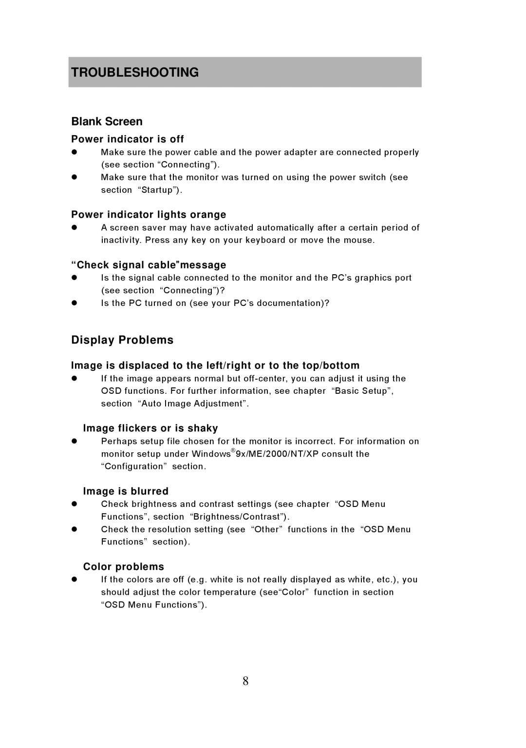 Iiyama P1704S, PB1704S, PB1904S, P1904S user manual Troubleshooting, Blank Screen, Display Problems 