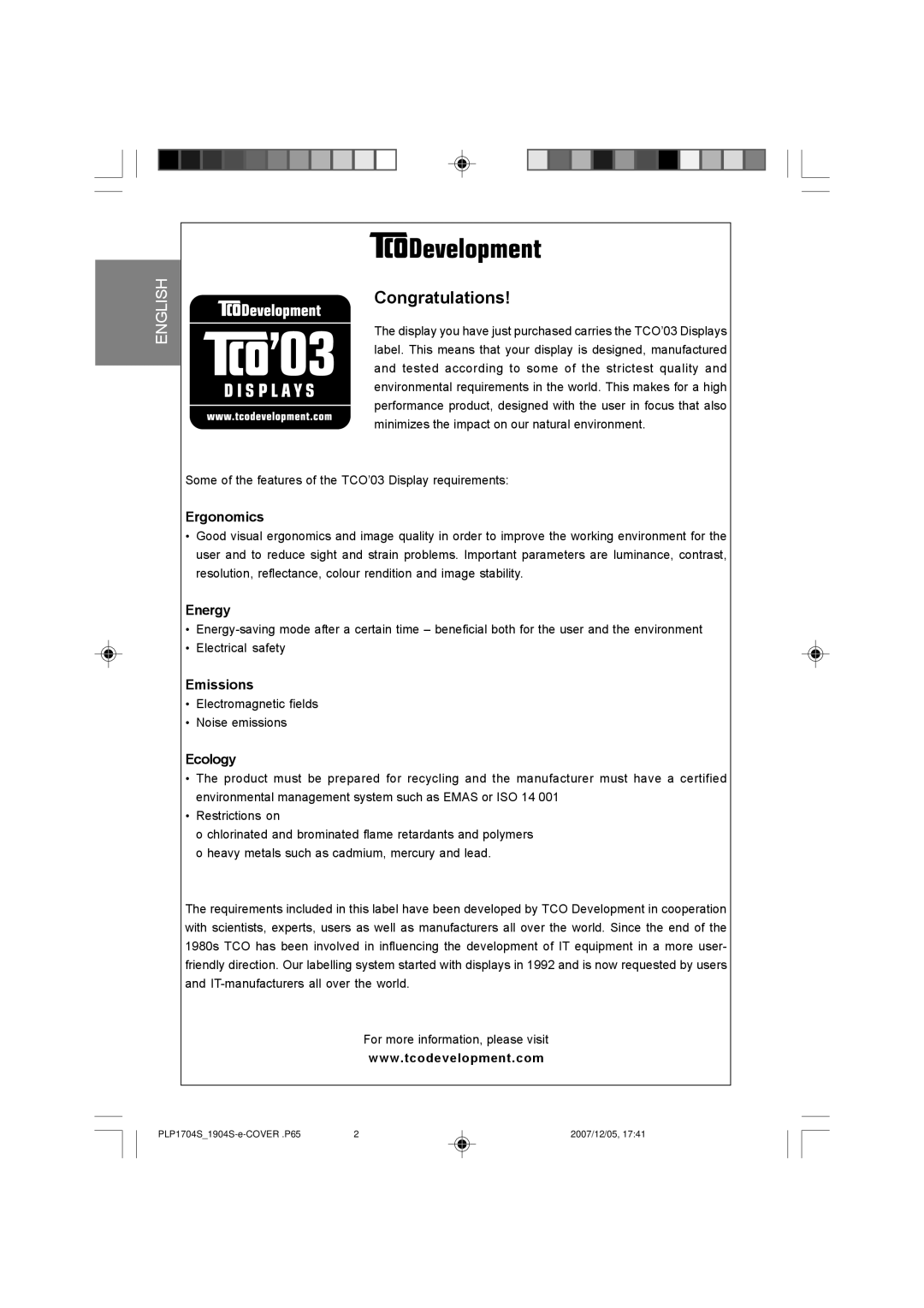 Iiyama P1704S, PB1704S, PB1904S, P1904S user manual Ergonomics, Energy, Emissions, Ecology 