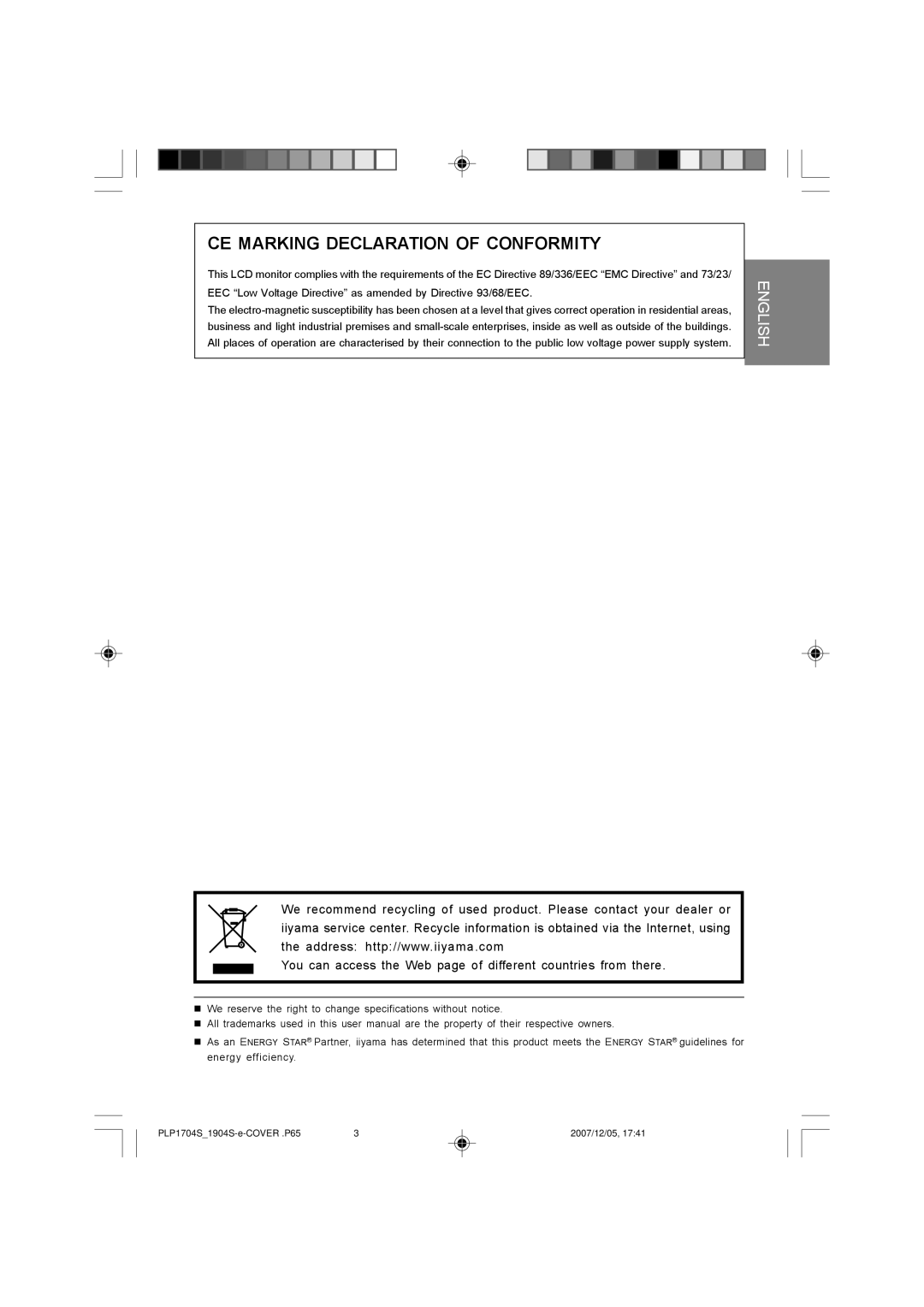 Iiyama P1904S, PB1704S, PB1904S, P1704S user manual CE Marking Declaration of Conformity 