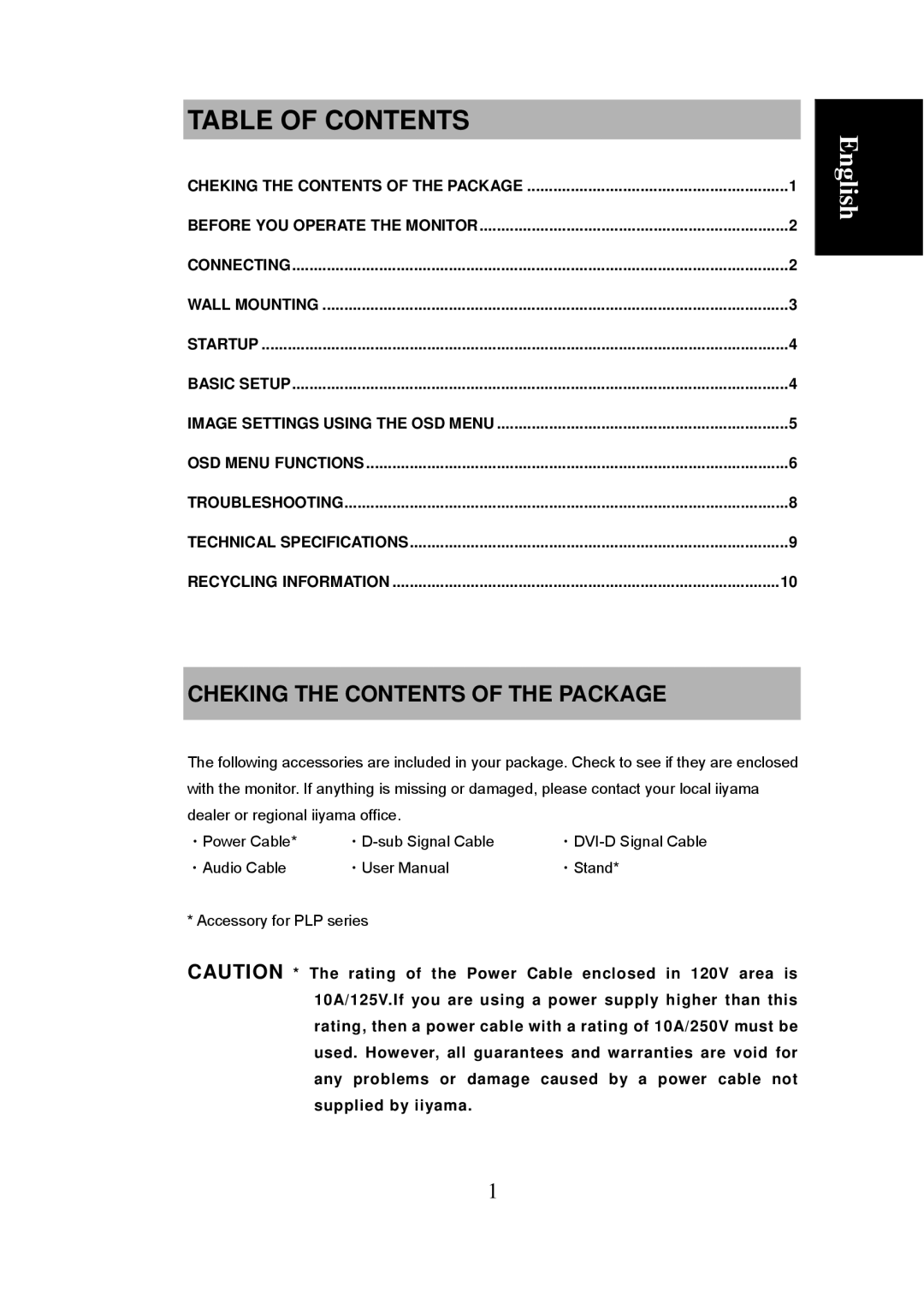 Iiyama P1904S, PB1704S, PB1904S, P1704S user manual Table of Contents 