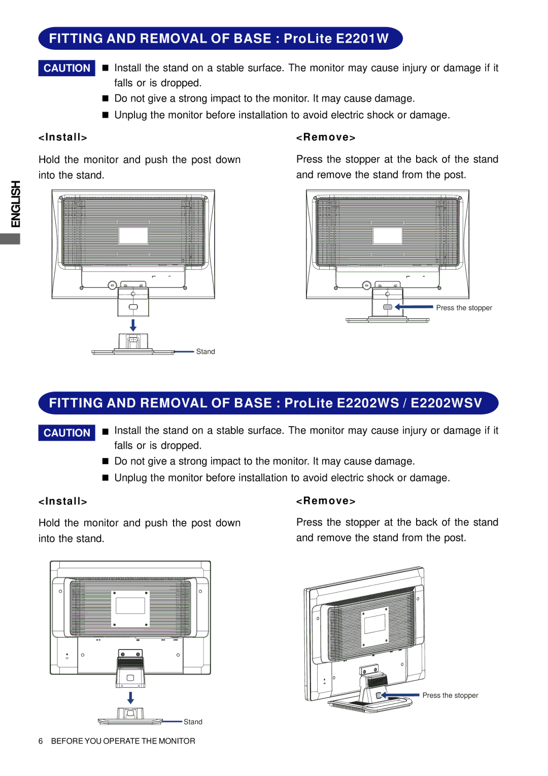 Iiyama PL2201W, PL2202W user manual Install 