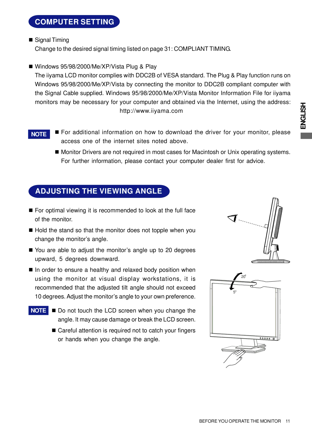 Iiyama PL2202W, PL2201W user manual Computer Setting, Adjusting the Viewing Angle 