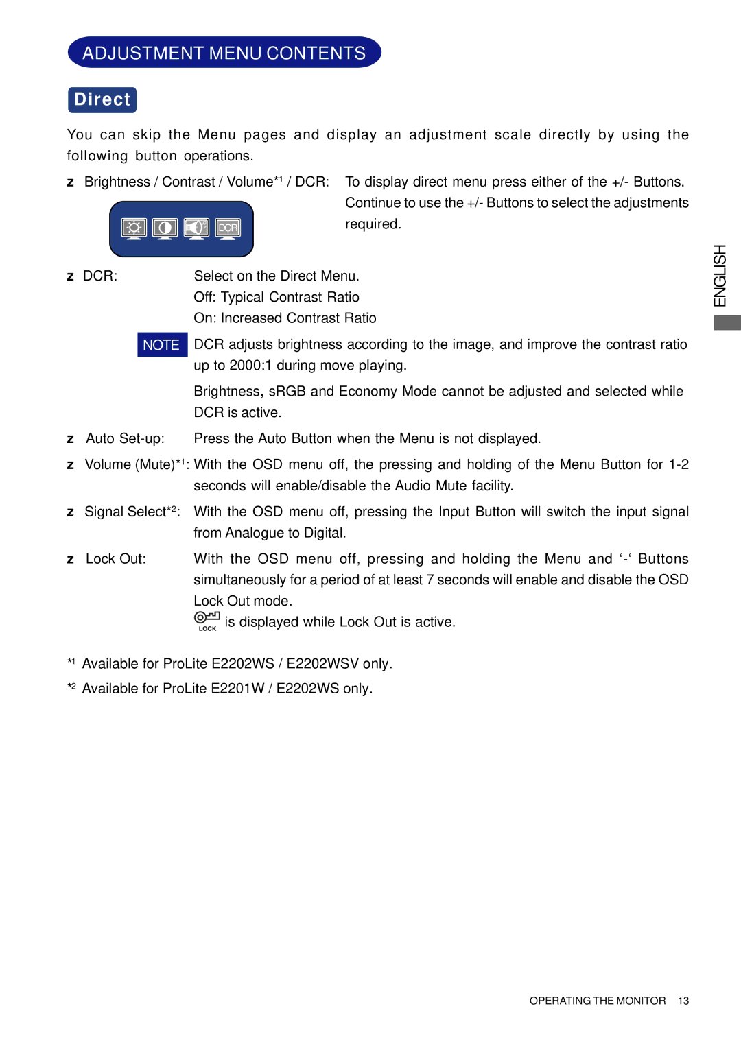 Iiyama PL2202W, PL2201W user manual Adjustment Menu Contents 