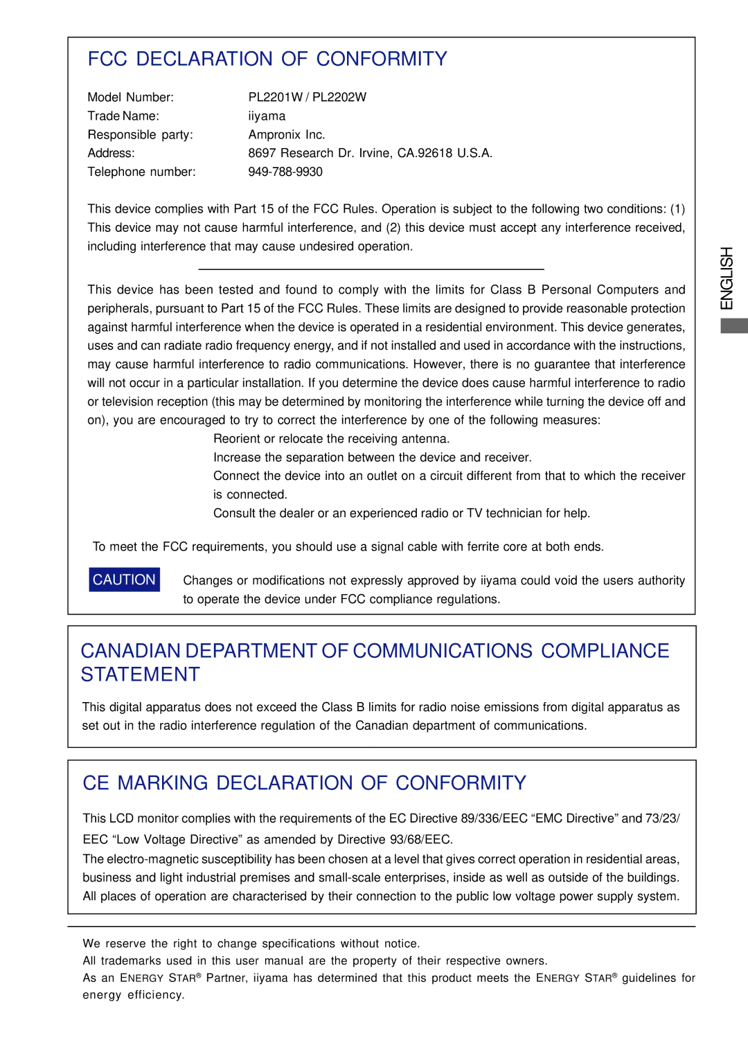 Iiyama PL2202W, PL2201W user manual FCC Declaration of Conformity 