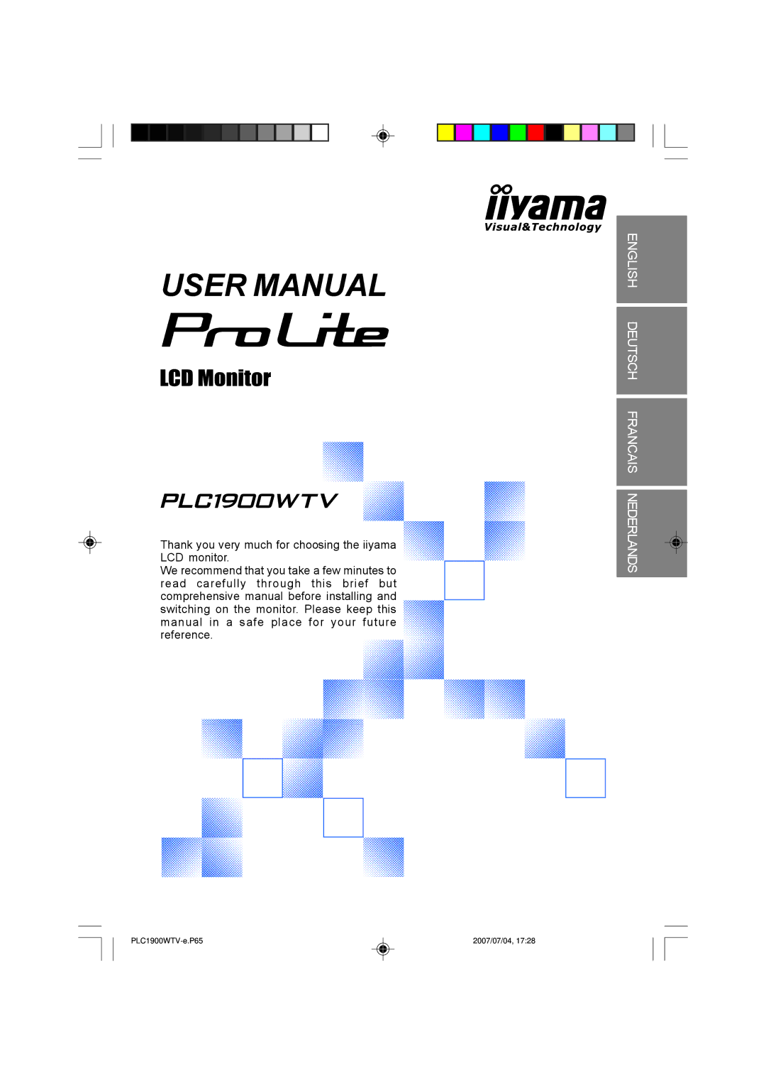 Iiyama PLC1900WTV user manual English Deutsch Francais Nederlands 