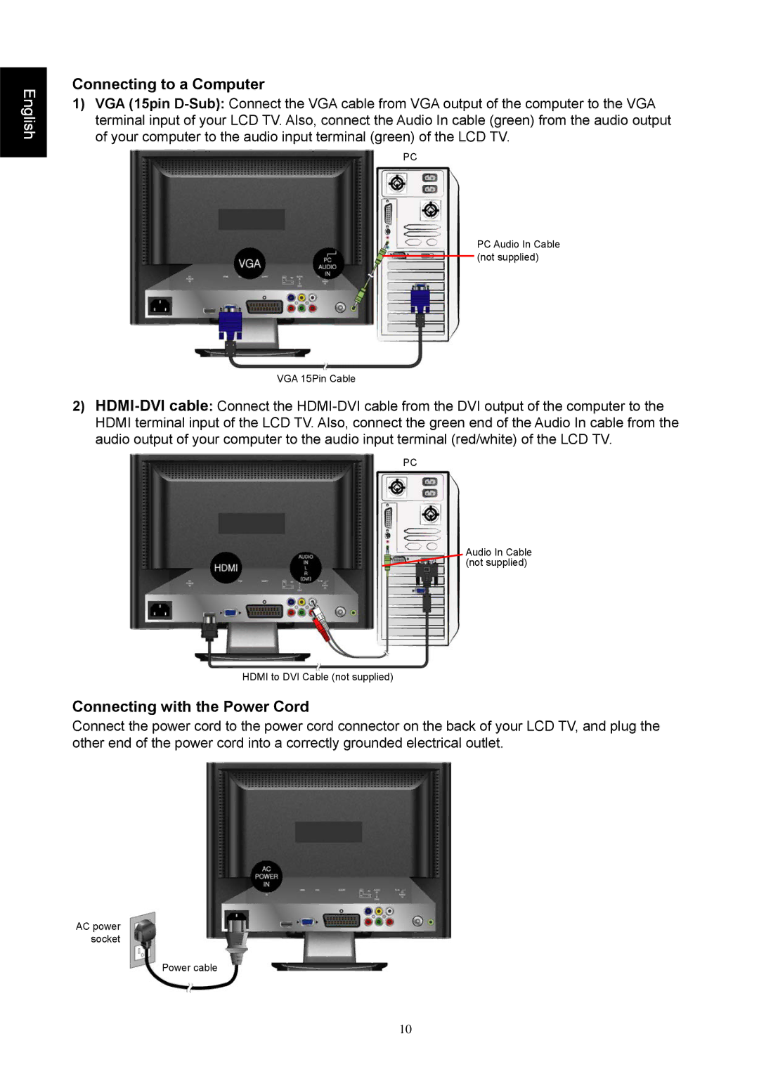 Iiyama PLC1900WTV user manual Connecting to a Computer, Connecting with the Power Cord 