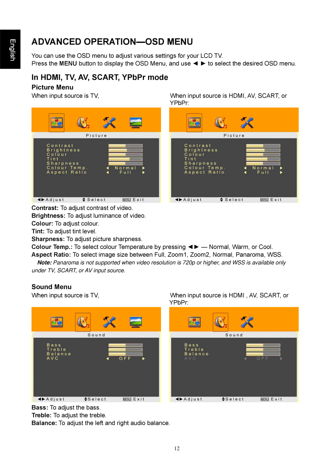 Iiyama PLC1900WTV user manual Advanced OPERATION-OSD Menu, HDMI, TV, AV, SCART, YPbPr mode, Picture Menu, Sound Menu 