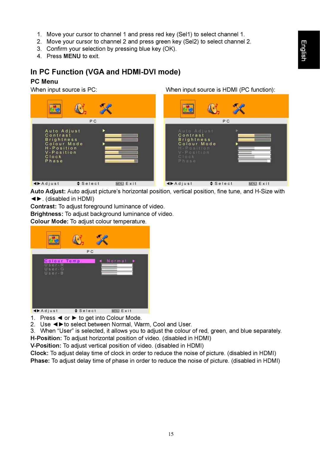 Iiyama PLC1900WTV user manual PC Function VGA and HDMI-DVI mode, PC Menu 