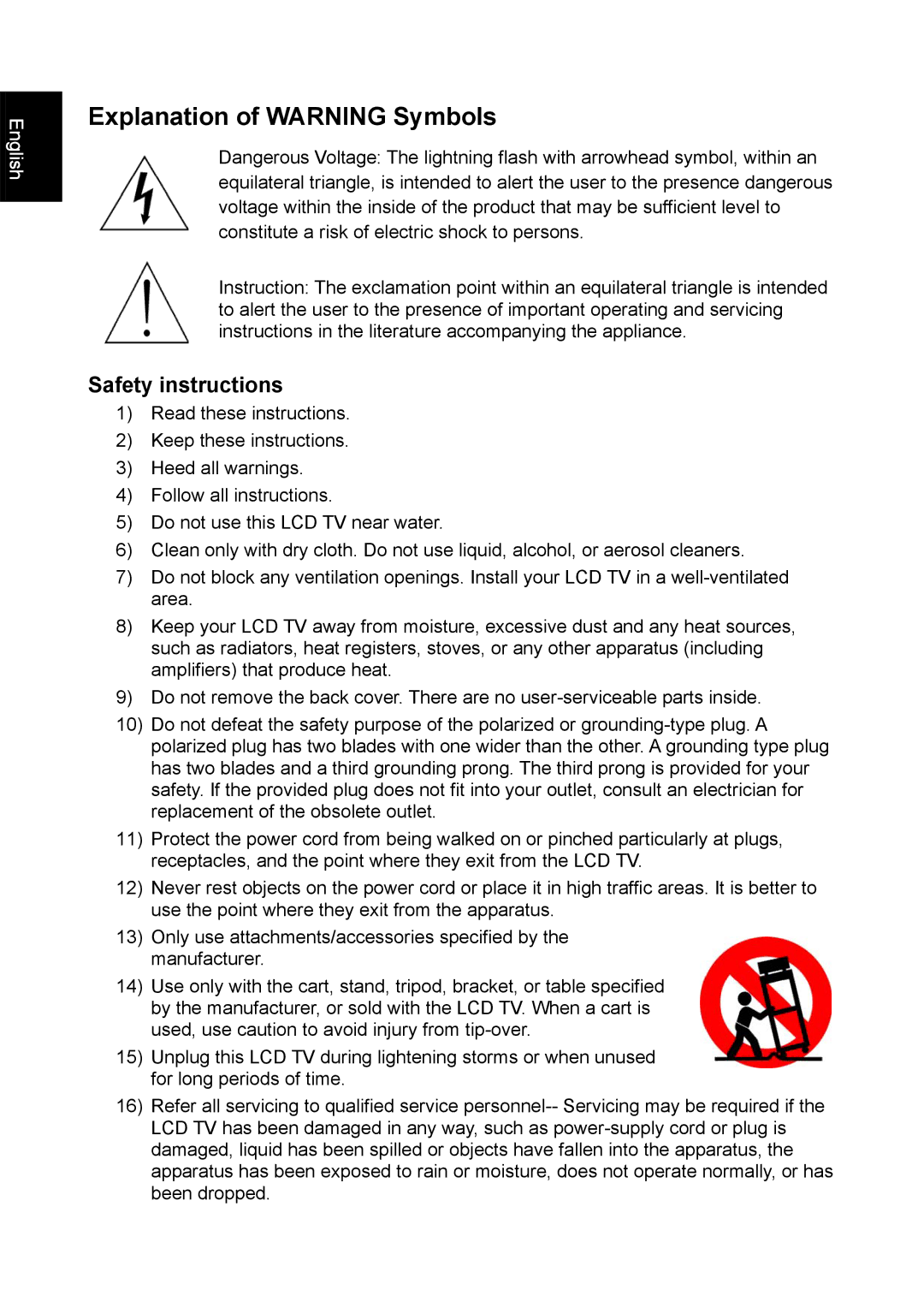 Iiyama PLC1900WTV user manual Explanation of Warning Symbols, Safety instructions 