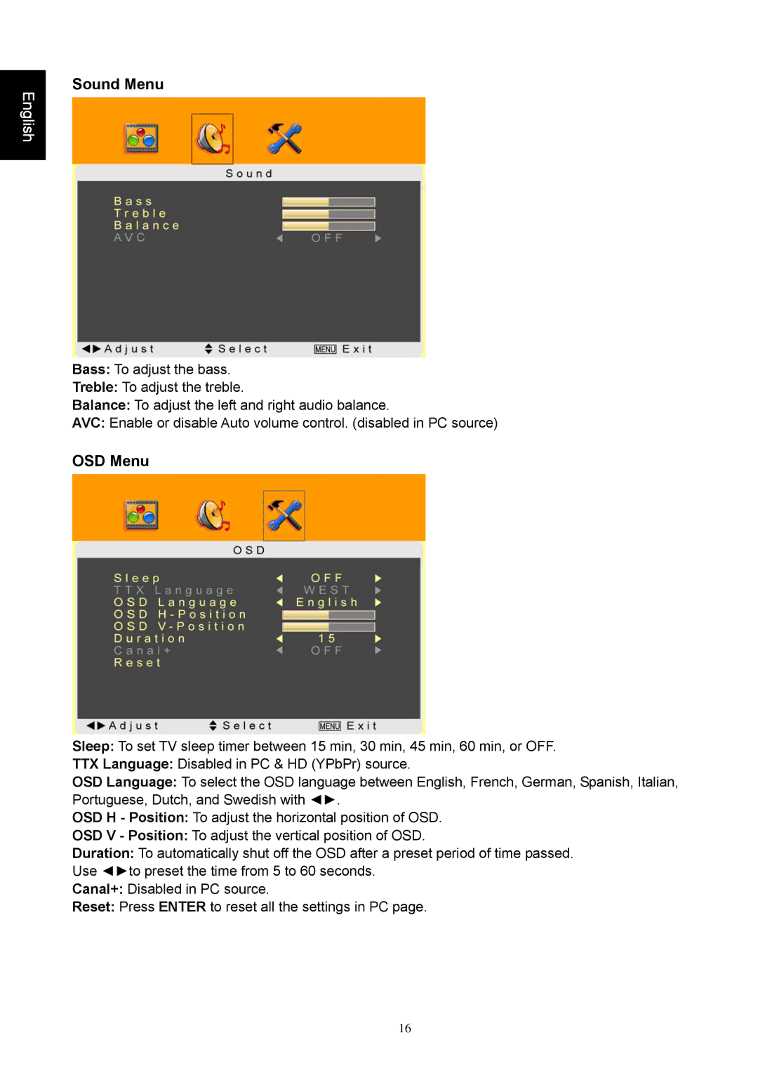 Iiyama PLC1900WTV user manual Sound Menu 