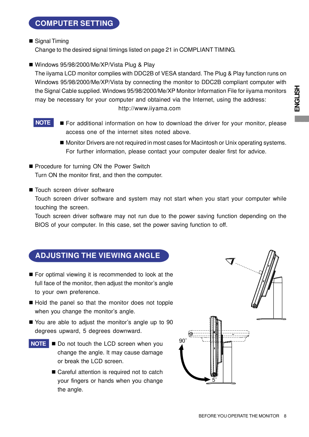 Iiyama PLT1700, PLT1500, PLT1900 user manual Computer Setting, Adjusting the Viewing Angle 