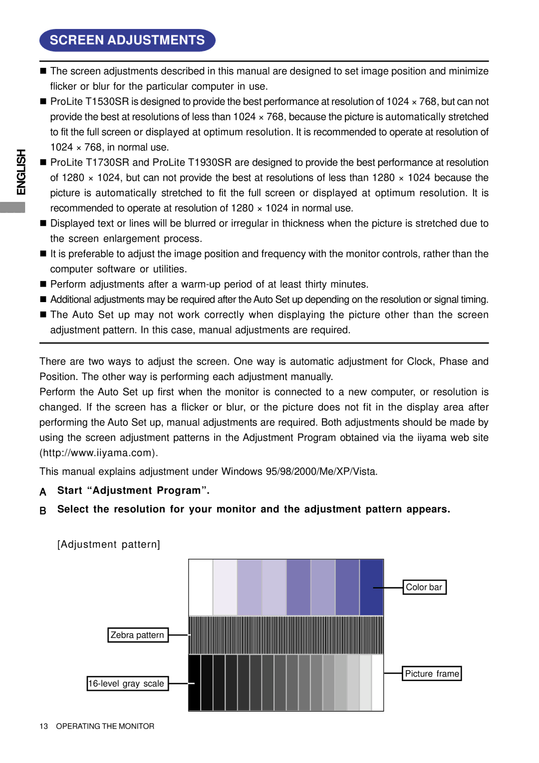 Iiyama PLT1900, PLT1500, PLT1700 user manual Screen Adjustments 