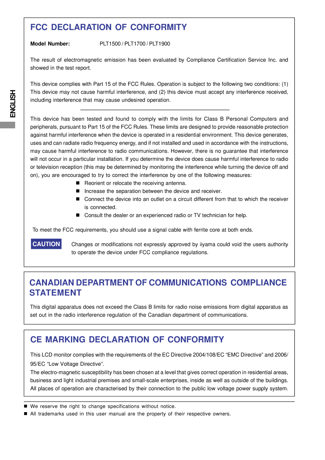 Iiyama PLT1700, PLT1500, PLT1900 user manual FCC Declaration of Conformity 