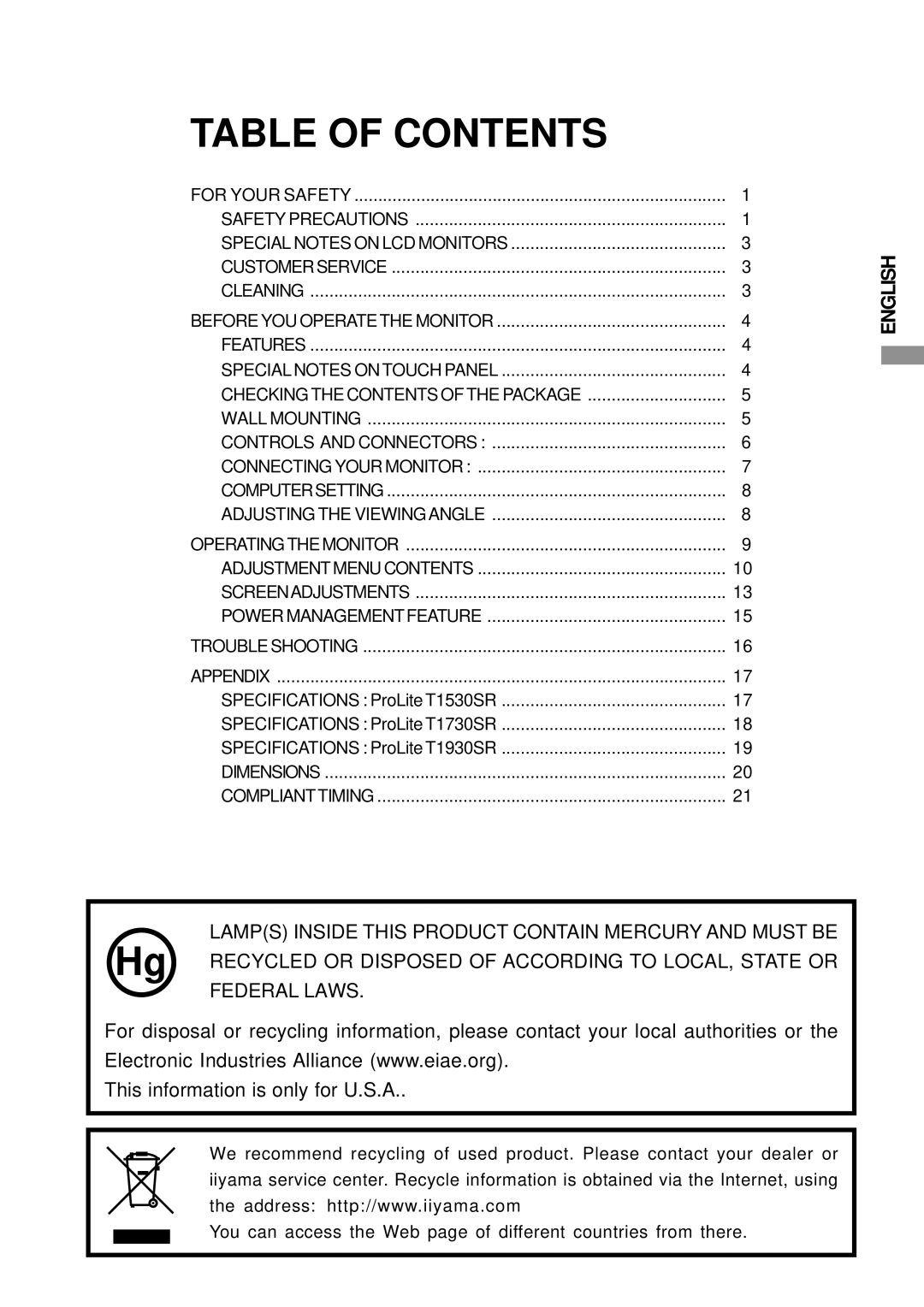 Iiyama PLT1500, PLT1900, PLT1700 user manual Table of Contents 