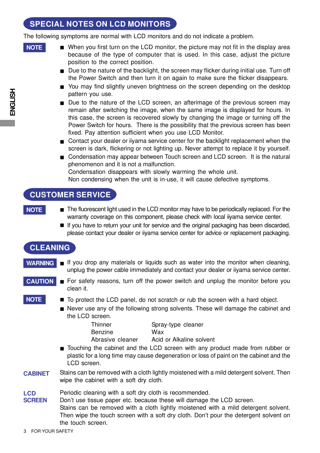 Iiyama PLT1500, PLT1900, PLT1700 user manual Special Notes on LCD Monitors, Customer Service, Cleaning 