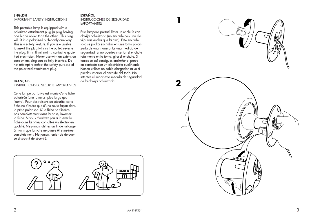 IKEA AA-118755-1 manual English Important Safety Instructions, Français, Español Instrucciones DE Seguridad Importantes 