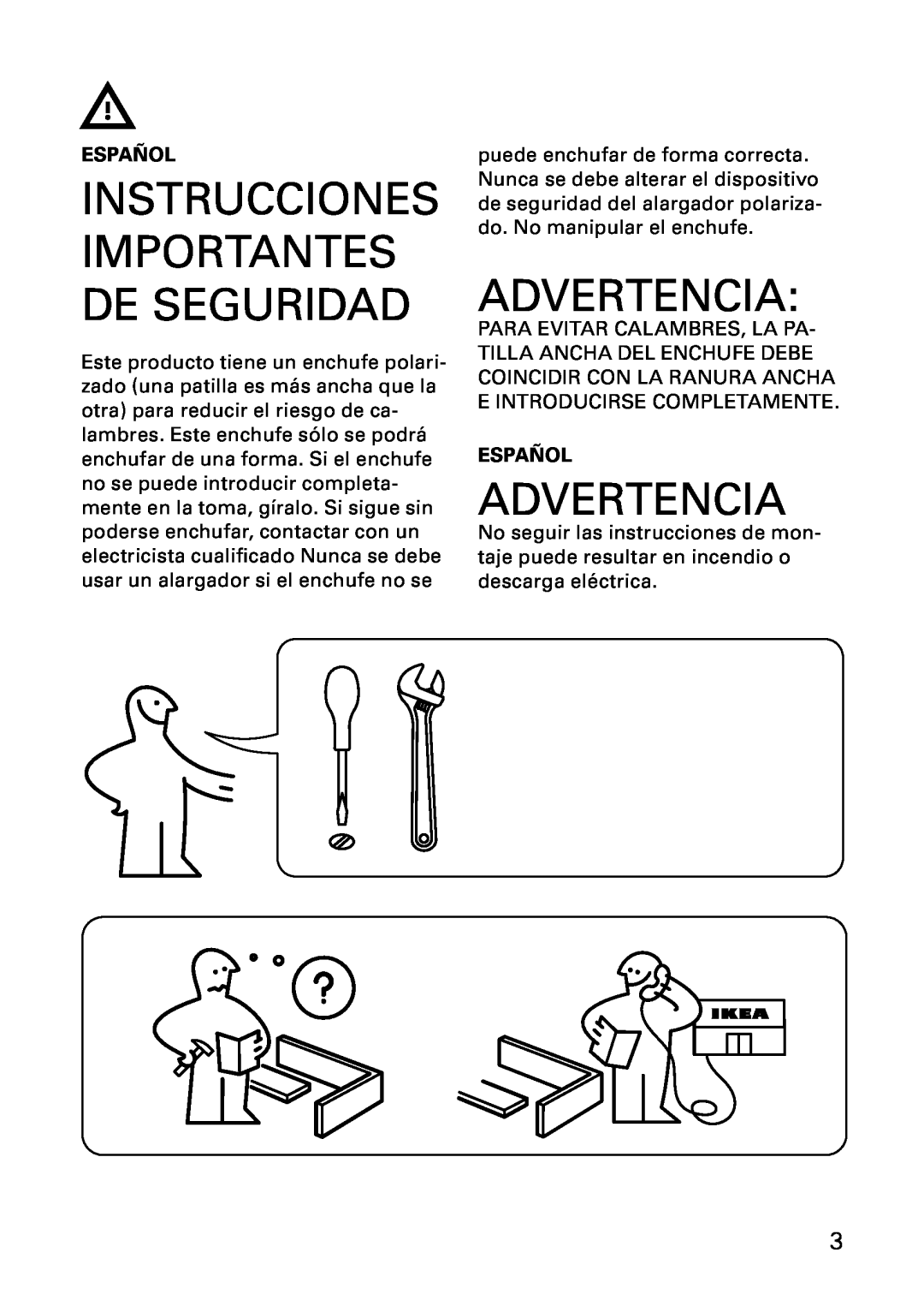 IKEA AA-241604-6 manual Advertencia, Español, Instrucciones Importantes De Seguridad 