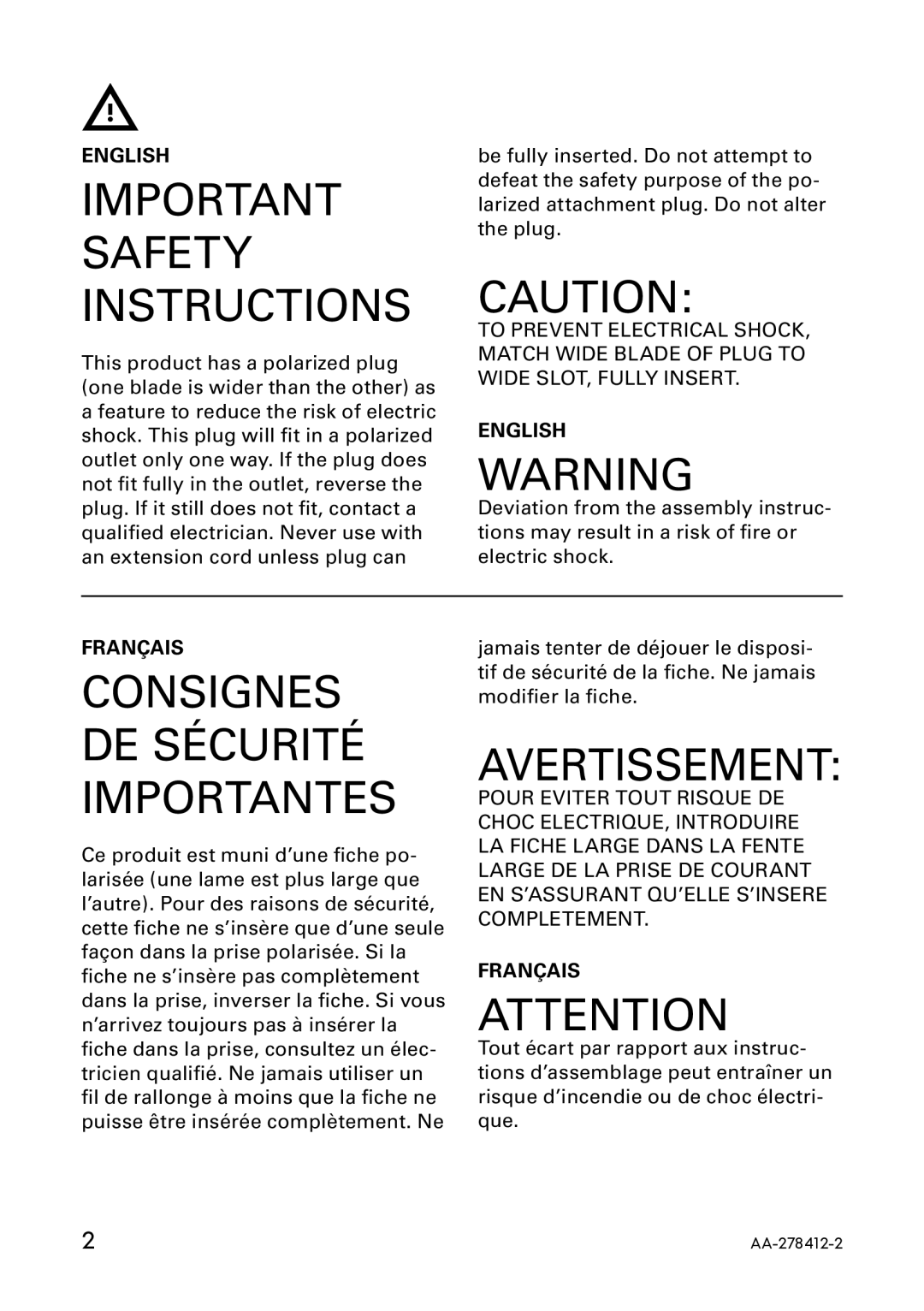 IKEA AA-278412-2, AA-278407-2 manual Important Safety Instructions, Consignes DE Sécurité Importantes, Avertissement 