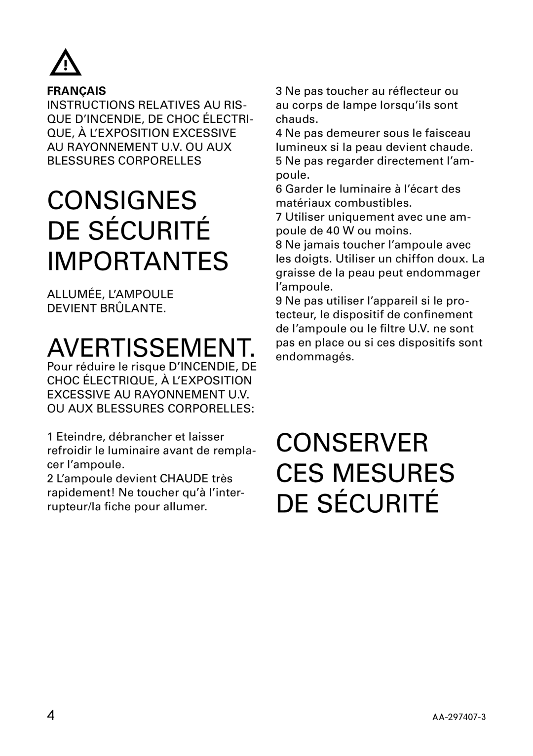 IKEA AA-297408-3, AA-297407-3 manual Consignes DE Sécurité Importantes, Avertissement, Français 