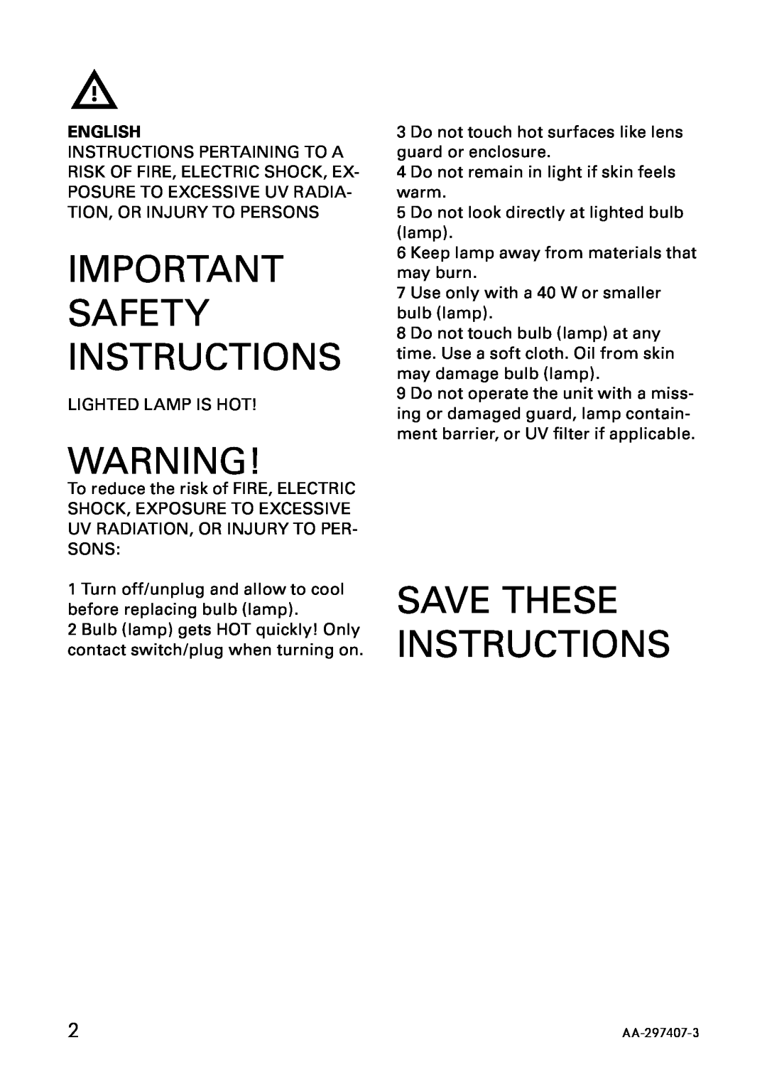 IKEA AA-297408-3, AA-297407-3 manual Important Safety Instructions, Save These Instructions, English 