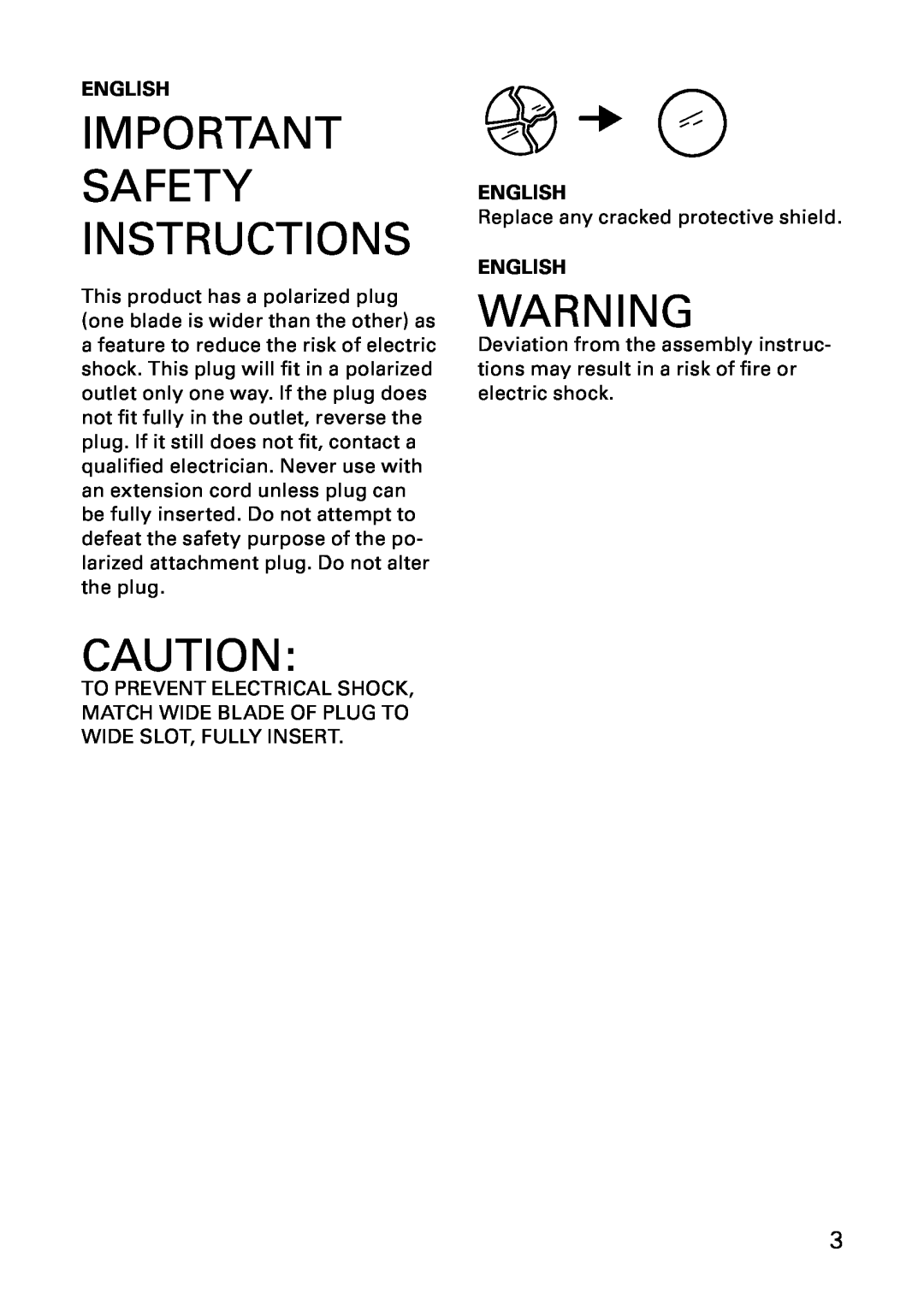IKEA AA-297407-3, AA-297408-3 manual Important Safety Instructions, English, Replace any cracked protective shield 