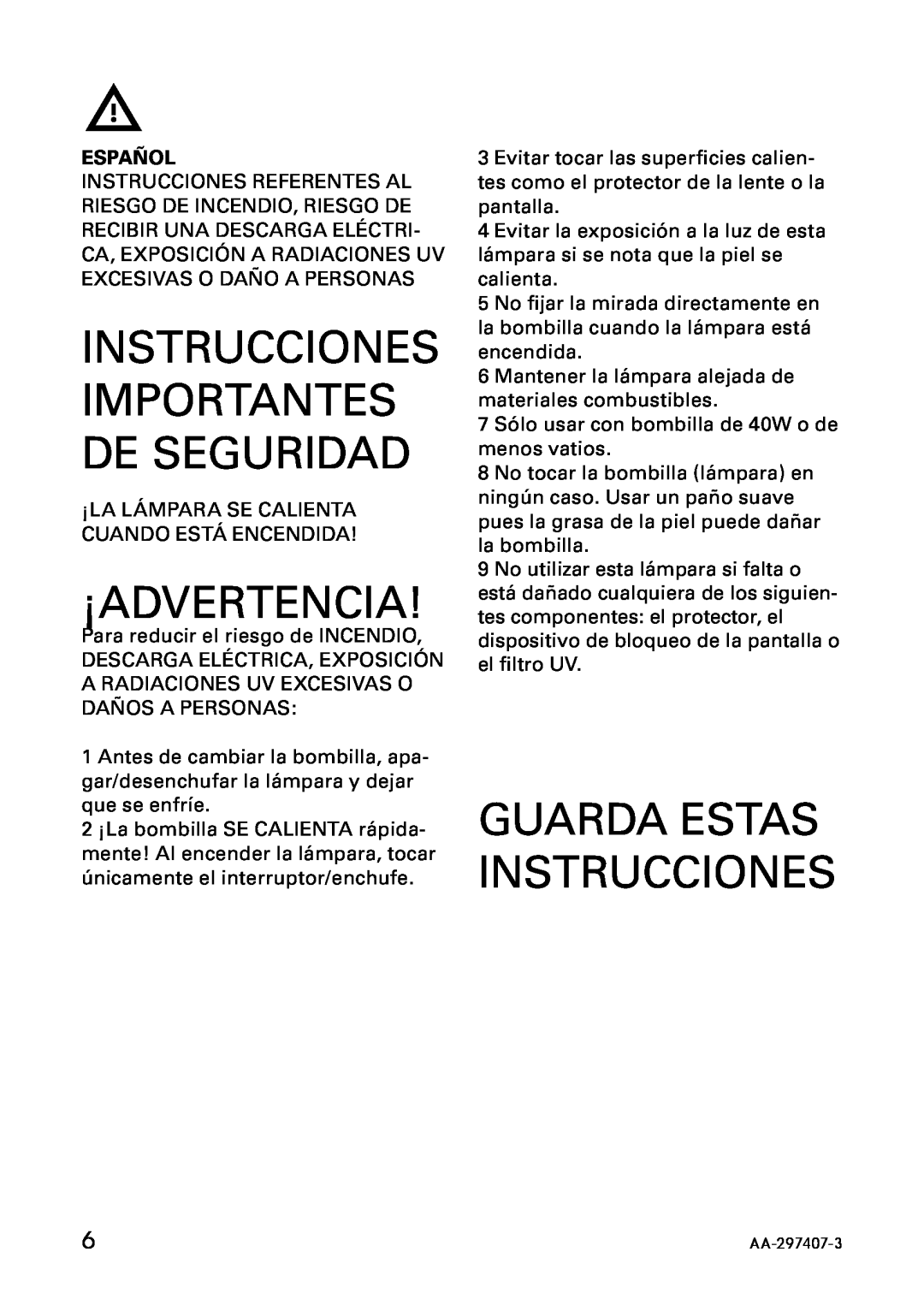 IKEA AA-297408-3, AA-297407-3 ¡Advertencia, Instrucciones Importantes De Seguridad, Guarda Estas Instrucciones, Español 