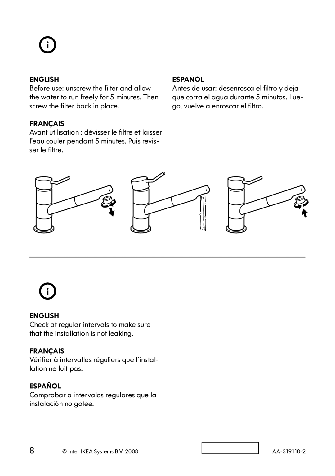 IKEA AA-319118-2 manual Comprobar a intervalos regulares que la instalación no gotee 